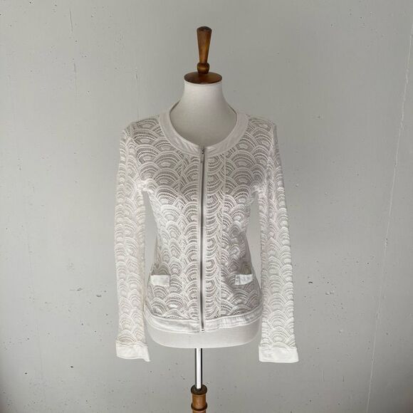 MaRIARELIO cream white zip front beautiful crochet long sleeved classy top cover - Picture 1 of 12